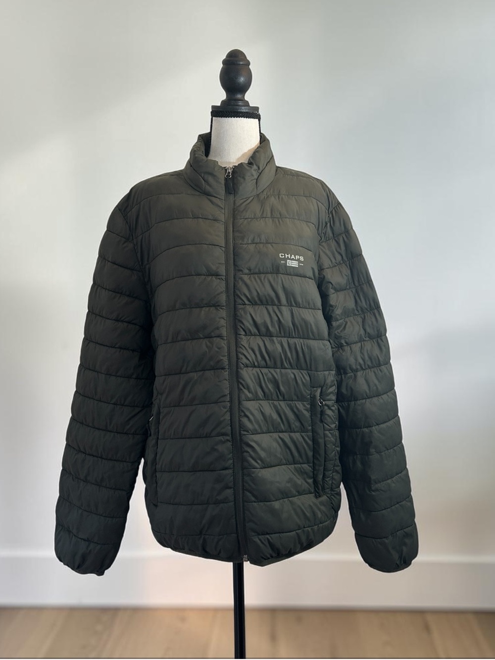 Chaps Warm & Light Weight Puffer Jacket Packable XL Water Resistant Green/Orange